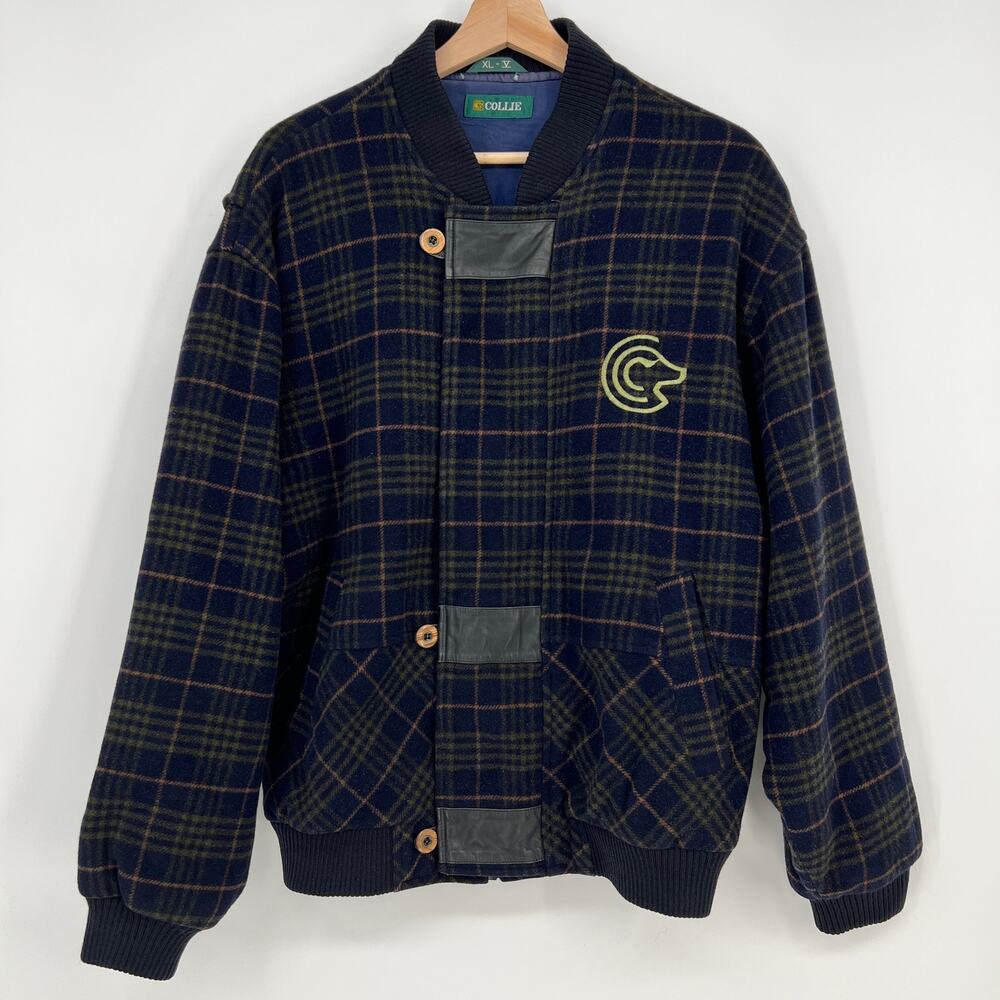 Vintage Collie Italian Lambs Wool Varsity Bomber Jacket Mens XL Navy Blue Plaid
